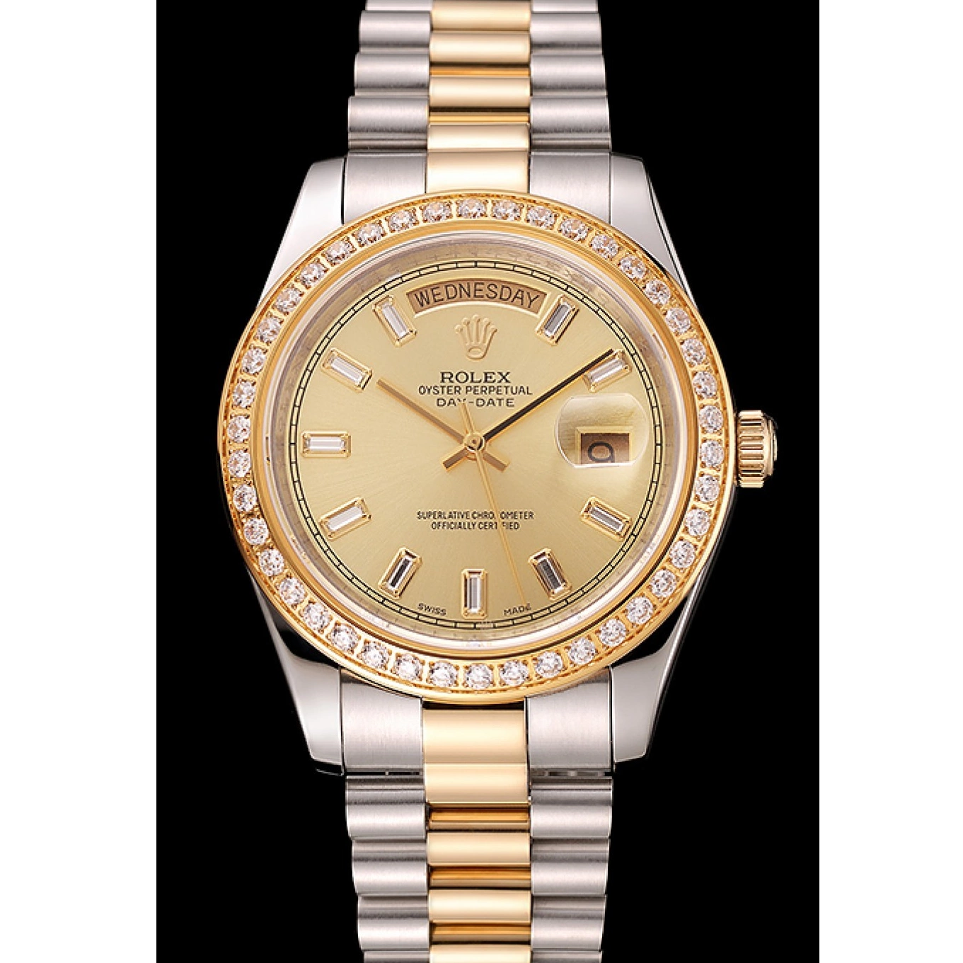 Good Copy Rolex Watches 1454103 Day-Date Two Bezel Swiss Diamond Rolex Dial Champagne Tone Bracelet 0823